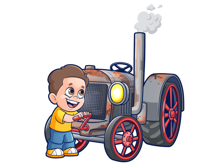 Cartoon of a kid cranking an old tractor