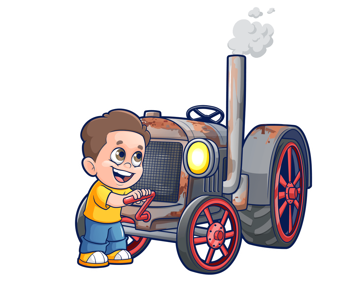 Cartoon of a kid cranking an old tractor to life